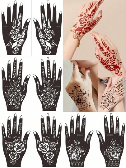 8 Sheets Good Quality Flower Pattern Henna Tattoo Stencil Stickers Color Painting Temporary Hand Tattoo Template Glitter Painting Hollow Stickers For Body Art Makeup Mehndi Designs