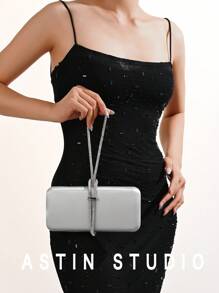 1pc Sparkling Rhinestone Decor Box Shape Evening Bag, Satin Formal Party Purse, Fashion Formal Clutch Handbag With Chain For Dress, Wedding, Party