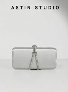 1pc Sparkling Rhinestone Decor Box Shape Evening Bag, Satin Formal Party Purse, Fashion Formal Clutch Handbag With Chain For Dress, Wedding, Party