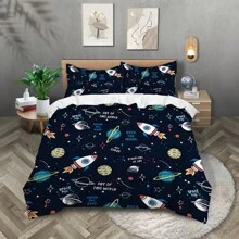 Set de ropa de cama de 3 piezas con estampado de cohete espacial de dibujos animados, que incluye 1 edredón y 2 fundas de almohada. Piel amigable, transpirable, suave y cómodo, resistente a la formación de bolitas, lavable a máquina, de estilo para todas las estaciones sin relleno.
