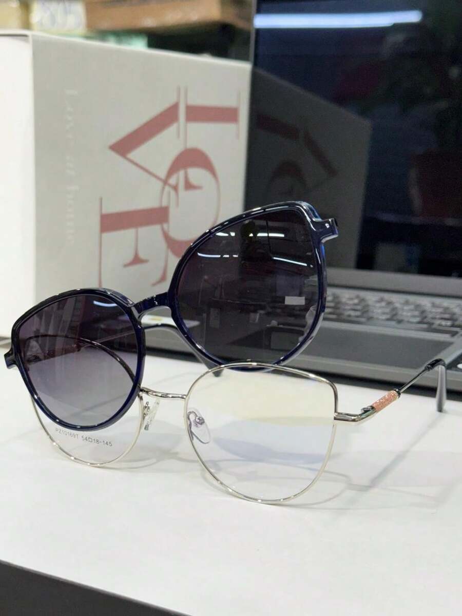 Women's 2 In 1 Clip-On Cat Eye Glasses Frame With Shiny Leg Modern 10169 - Màu xanh lam - Xem 1