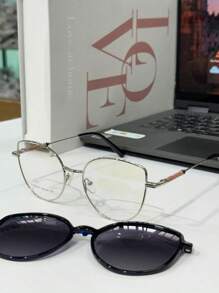 Women's 2 In 1 Clip-On Cat Eye Glasses Frame With Shiny Leg Modern 10169 - Màu xanh lam - Xem 3