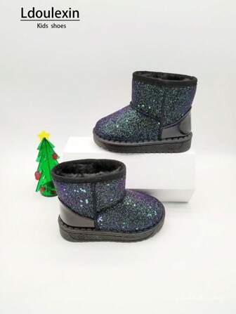 New Autumn Winter Kids Fashion Warm Snow Boots, Waterproof, Soft Sole, Plush Lined, For Girls & Boys, Sparkly Sequin Design For Party/Performance