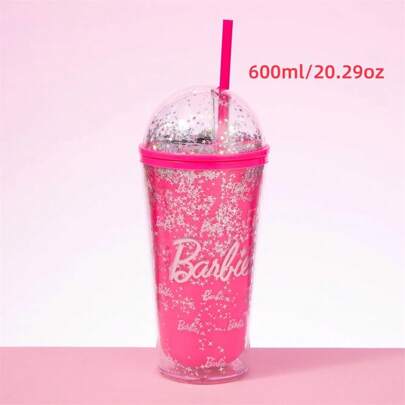 Miniso Barbie Series Double-Layer Straw Cup Household Drinking Cup Plastic Water Bottle Mug Birthday Gifts (600ml/20.29oz)