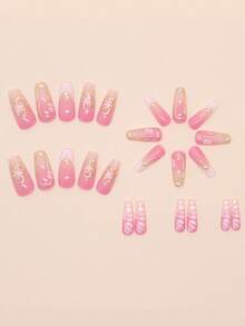 24 件/盒金线粉色花朵短方形白色法式指甲尖短按压指甲，丙烯酸假指甲，闪亮星星法式指甲，适合女士和女孩，日常生活和派对使用 - 藕粉色 - 查看 2