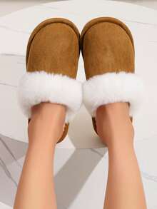 女士毛绒拖鞋，保暖室内防滑毛绒衬里情侣一脚蹬软底保暖拖鞋，适合秋冬季 - 棕色 - 查看 2