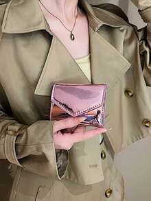 1 chiếc ví gấp đôi nhỏ gọn bằng da PU bóng chắc chắn thời trang dành cho phụ nữ sử dụng hàng ngày và túi đựng đồ hẹn hò Quà tặng Giáng sinh Quà tặng Lễ Tạ ơn cho phụ nữ Màu hồng - Hồng - Xem 4