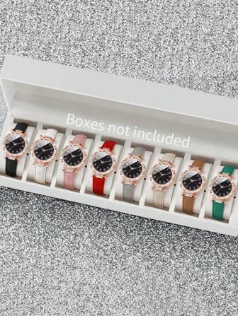 8 pièces/set de montres à quartz à cadran chiffré avec ornements de strass, style mode décontractée pour femmes