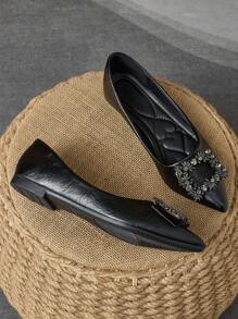 Women's New Black Pointed Toe Flats, Fashion Casual Loafers With Buckle Decoration, Soft Sole For Work And Travel Valentines - Black - View 6