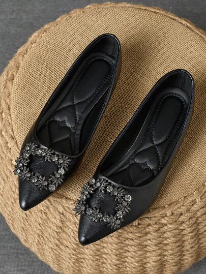 女士新款黑色尖头平底鞋，时尚休闲乐福鞋，带扣装饰，软底，适合工作和旅行