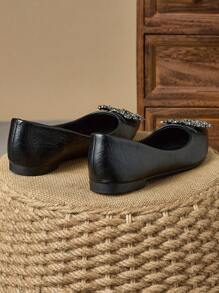 Women's New Black Pointed Toe Flats, Fashion Casual Loafers With Buckle Decoration, Soft Sole For Work And Travel Valentines - Black - View 4