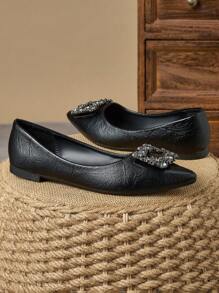 Women's New Black Pointed Toe Flats, Fashion Casual Loafers With Buckle Decoration, Soft Sole For Work And Travel Valentines - Black - View 5