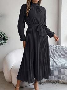 Women's Casual Long Sleeve Mock Neck A-Line Flare Flowy Business Maxi Dress Work Wedding Party Relaxed Fit Elegant Belted Pleated Fall Dresses - 黑色 - 查看 2