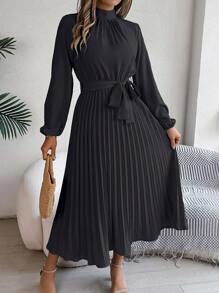 Women's Casual Long Sleeve Mock Neck A-Line Flare Flowy Business Maxi Dress Work Wedding Party Relaxed Fit Elegant Belted Pleated Fall Dresses - 黑色 - 查看 5