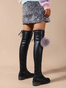 Super High Over-The-Knee Boots For Women, New Autumn/Winter Elastic Thick Leg Very Tall Plus Size Warm Lining Long Boots With Removable Furball Decor - Black - View 3