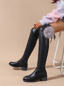 Super High Over-The-Knee Boots For Women, New Autumn/Winter Elastic Thick Leg Very Tall Plus Size Warm Lining Long Boots With Removable Furball Decor - Black - View 5