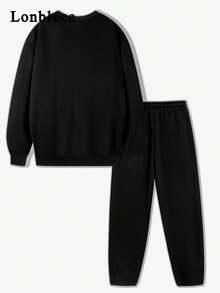 Lonblece Bộ 2 món thường ngày cho nam: Áo hoodie dệt kim in họa tiết tiếng Anh và quần nỉ, phù hợp cho mùa thu/đông - màu đen - Xem 2