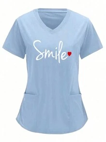 1pc Blue V-Neck Nurse Top With Smile Pattern, Breathable Scrub Uniform Top