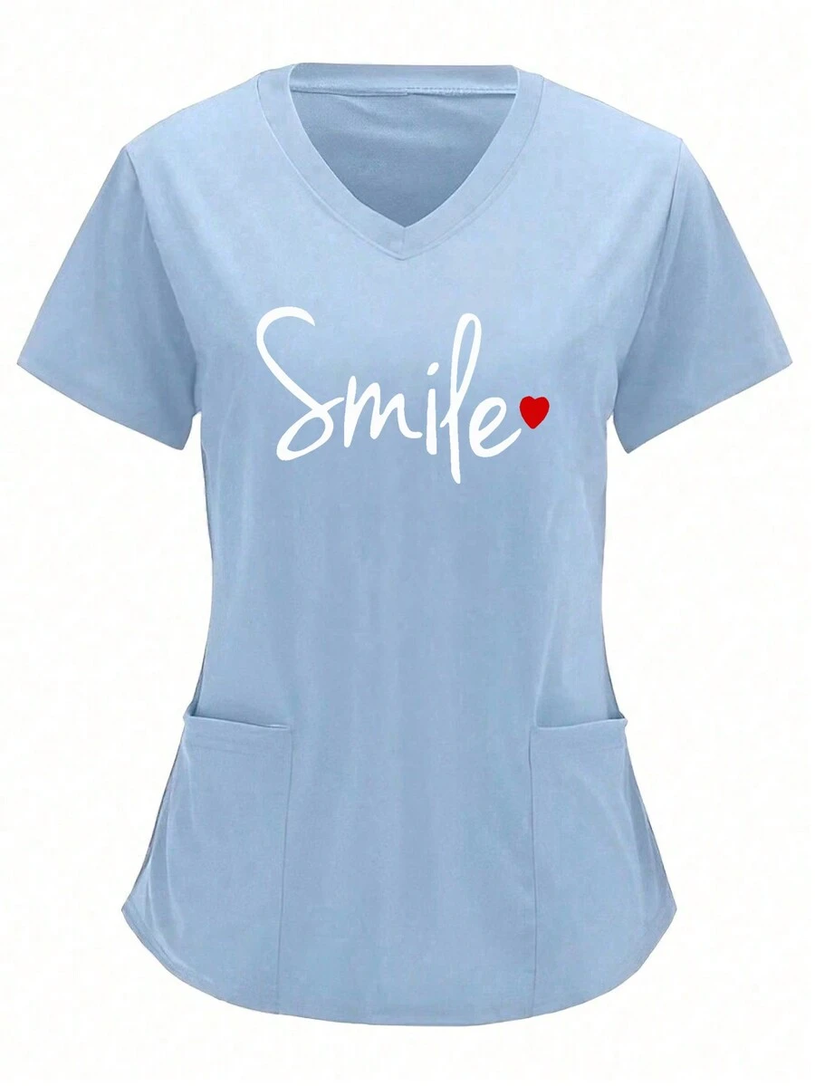 1pc Blue V-Neck Nurse Top With Smile Pattern, Breathable Scrub Uniform Top