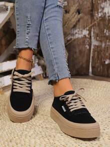 2025 Autumn New Canvas Shoes For Women, Platform Thick Sole Lightweight Casual Sneakers, Soft Bottom Sports Shoes - Black - View 3