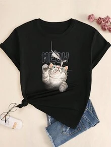 Meow Kitten Printed T-Shirt Babylook Streetwear Cotton Basic Casual Comfort Short Sleeve - Vì vậy - Xem 1