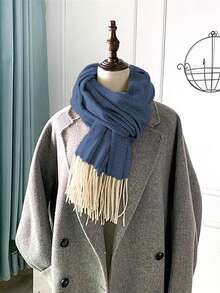 1 Piece Women Solid Color Scarf Imitation Cashmere Fringe Autumn/Winter Thick Warm Outdoor Wear