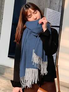 1 Piece Women Solid Color Scarf Imitation Cashmere Fringe Autumn/Winter Thick Warm Outdoor Wear