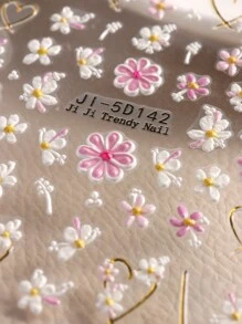 2 stuks 5D Franse nagelstickers Bloemen Geometrische lijnen Liefdesdecor Acryl reliëf schuifregelaars Gouden frame Nagelstickers Kersenbloesem Manicure