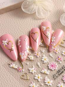 2 stuks 5D Franse nagelstickers Bloemen Geometrische lijnen Liefdesdecor Acryl reliëf schuifregelaars Gouden frame Nagelstickers Kersenbloesem Manicure