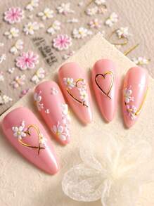 2 stuks 5D Franse nagelstickers Bloemen Geometrische lijnen Liefdesdecor Acryl reliëf schuifregelaars Gouden frame Nagelstickers Kersenbloesem Manicure