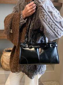 女士时尚手提包，大容量闪亮单肩包，带肩带，黑色 - 黑色 - 查看 4