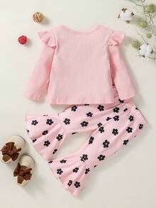 年轻女孩春秋花卉印花圆领长袖套头衫和喇叭裤套装 - 粉色 - 查看 2