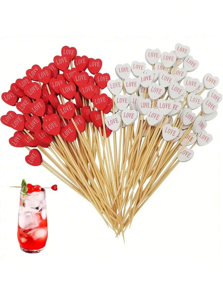 10/20/24pcs Bamboo Cocktail Picks - Heart Shaped Appetizer Skewers, Perfect For Hors D'oeuvres, Weddings, Valentine's Day, Anniversaries, Parties, Birthdays - Multicolor - View 1