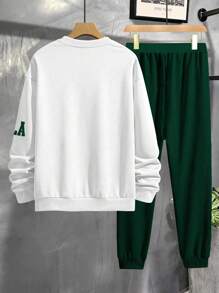 2 件套男士休闲字母和图形印花圆领运动衫和抽绳腰运动裤套装 - 彩色 - 查看 2