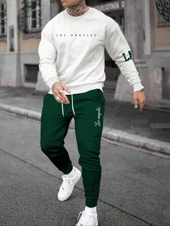 2 件套男士休闲字母和图形印花圆领运动衫和抽绳腰运动裤套装