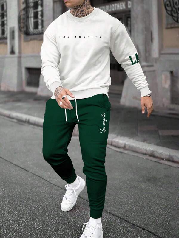 2 Stücke Herren Lässig Set aus Sweatshirt mit Buchstaben- und Grafik am Rundhalsausschnitt und Jogginghose mit Kordelzug in der Taille