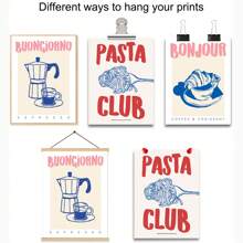 Set di 3 stampe su tela con immagini di cibo e bevande, cartellone d'arte per la cucina, stile retrò francese, con motivi come pasta, caffè e pane, quadri senza cornice per decorazione minimale per cameretta, appartamento, sala da pranzo, soggiorno, casa moderna