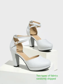 Women's High Heel Pumps Round Toe Thick Heel Waterproof Platform White Shiny Pumps For High-End Party, Pursuing Glamorous And Fashion Sense