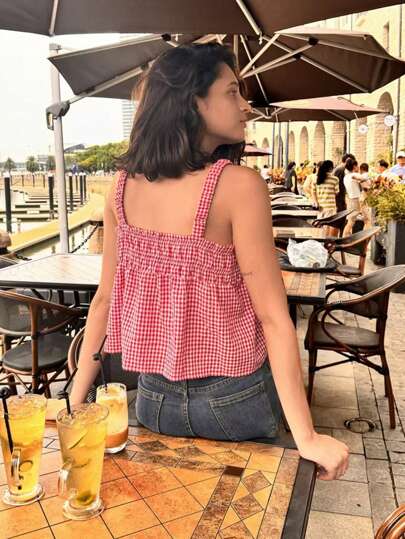 Women's Summer Plaid Frill Spaghetti Strap Casual Camisole