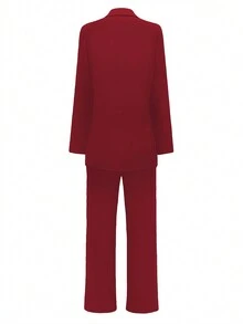 女士优雅休闲西装外套和直筒裤两件套，秋冬季、圣诞节、新年派对、情人节等场合皆宜，带垫肩，春季款 - 酒紅色 - 查看 5