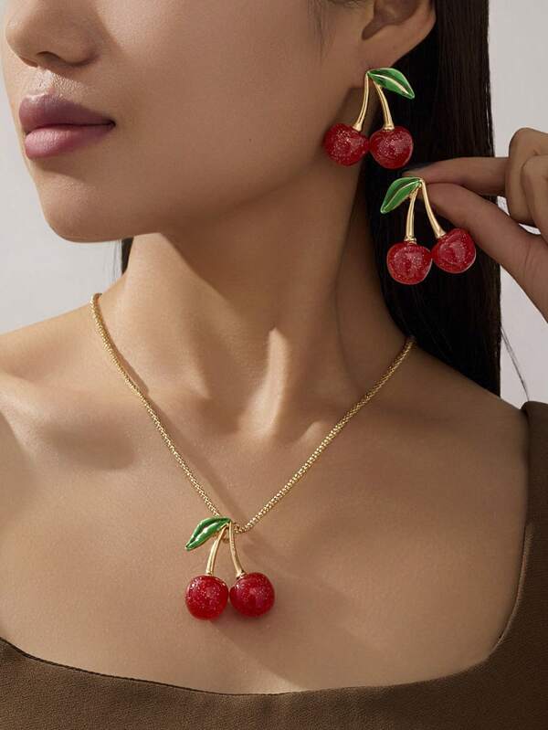 1pc/Set 2025 Fashion Acrylic Cherry Necklace & Earring Set, Minimalist Design, Dainty Choker, Creative Cute Cartoon Jewelry Gift For Girls, Students, Friends, Everyday Wear, Holiday