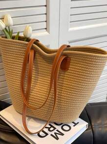 Multineos Comercial Large Capacity Straw Bag Casual Holiday Beach Portable New Fashion Woven Shoulder Bag - Màu Khaki - Xem 2