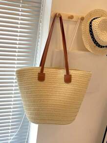 Multineos Comercial Large Capacity Straw Bag Casual Holiday Beach Portable New Fashion Woven Shoulder Bag - 米色 - 查看 3