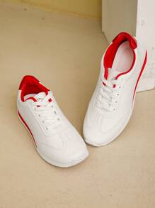 Women's Lace-Up Flat Slip-Resistant Running Shoes, Spring & Autumn, Plus Size 35-43, Hiking, Dancing, Fitness, Casual White Leather Sneakers - Red - View 2