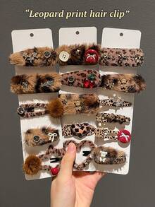 8 件/16 件套装优雅豹纹毛绒发夹，适合情人节日常使用 - 查看 9