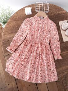 Young Girl' Elegant All-Over Digital Print Drawstring Waist A-Line Hem Princess Dress, Suitable For Party, Beach, Vacation, Spring/Autumn - Multicolor - View 1