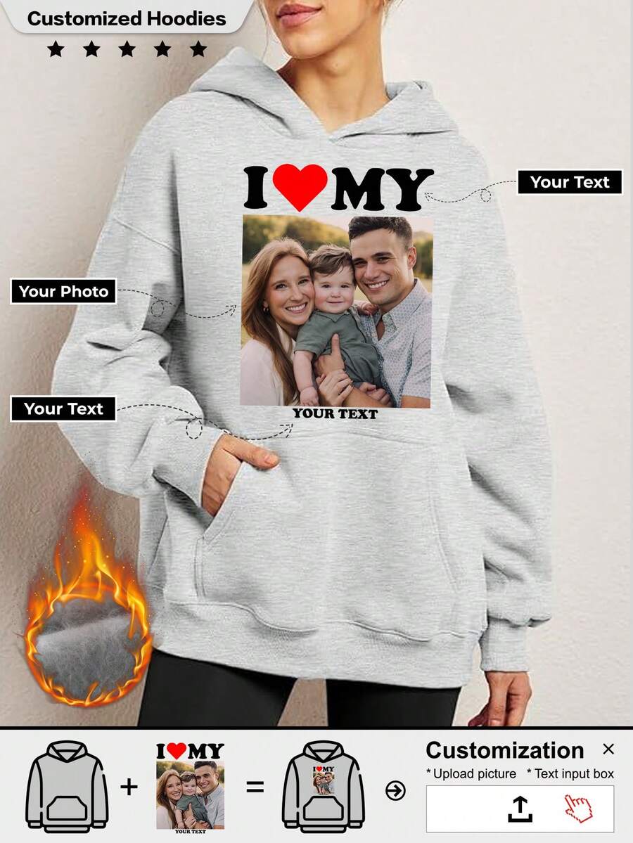 A Customized Women's Crew Neck Thickened Loose Hoodie With Custom Patterns Can Be Your Family, Pets Or Cartoons, About Anything And Everything. - Grey - View 1