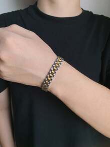 1pc Minimalist & Stylish Gold Stainless Steel Bracelet, Suitable For Men, Women & Couples, Elegant Fashion Accessory For Everyday Wear, Parties, Dates, Recommended High-Quality Jewelry Gift - Gold - View 6