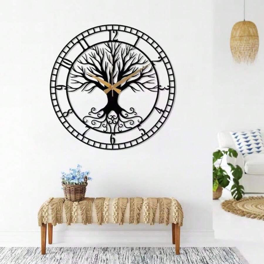 Tree Of Life Black Wall Clock, 23.6 Inches, Silent MidCentury Clock