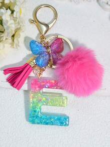 1 pièce Porte-clés en résine à lettres bicolores, pendentif de sac mode avec pompon à gland papillon, cadeau pour amis et école
